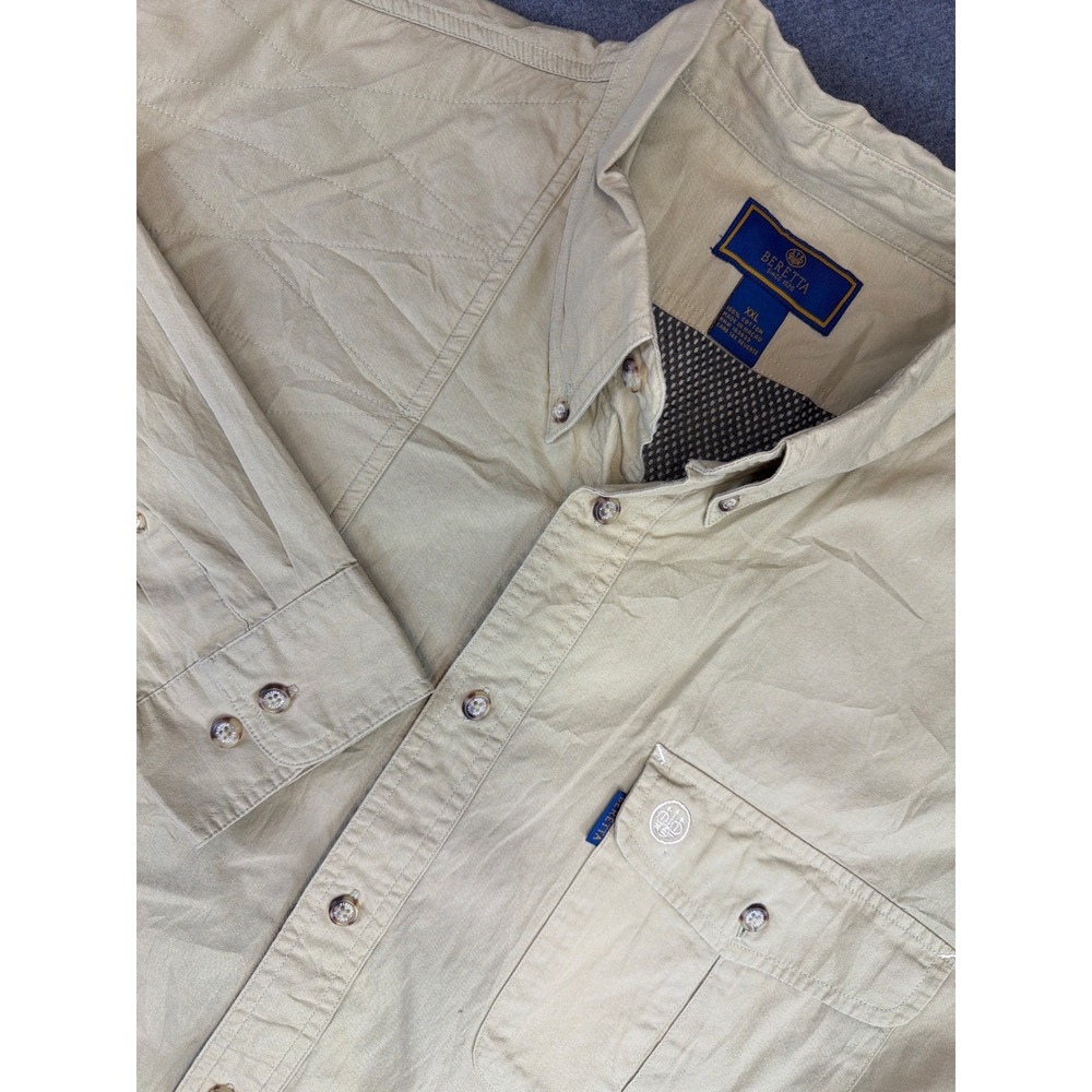 Beretta Shooting Shirt Mens XXL Tan Quilted Shoulder Vented Back Cotton Long Slv